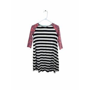 Matilda Jane Black White Striped Raglan Dress Pink Floral Sleeves Size 12